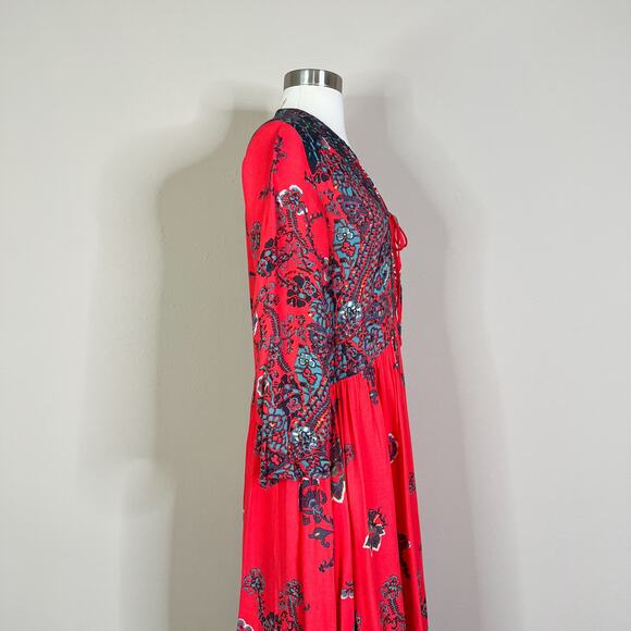 Free People | If Only You Knew Red Floral Slit Flowy Boho Maxi Dress EUC XS - Picture 7 of 12